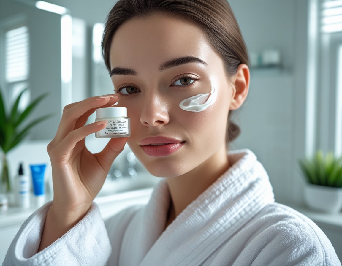 A young woman applying eye cream under her eyes in a bright bathroom.